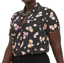 Torrid Collared Button-Down Short Sleeve Blouse - Floral Polka Dot Black Pink 6X