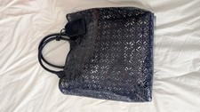 Tory Burch ELLA WEEKENDER Tote Bag Blue PVC Laser Cut Lattice Luggage Tag Beach