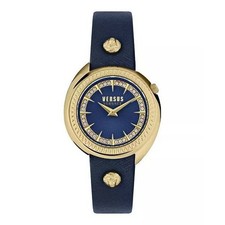 Versus Versace Tortona Lion Head Crystal Blue Dial Leather Watch 38mm Women's