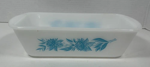 Glasbake J-522 Blue Thistles Milk Glass Loaf Pan Rectangular Vintage Pan Dish