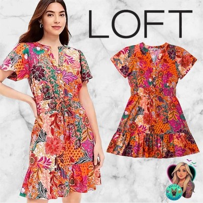 Loft Women's Large Patchwork Bloom Smocked Dress Orange Pink Floral V-Neck
