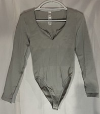 Women  s Gray Ribbed Long Sleeve Bodysuit Nylon Spandex Stretch Size Large
