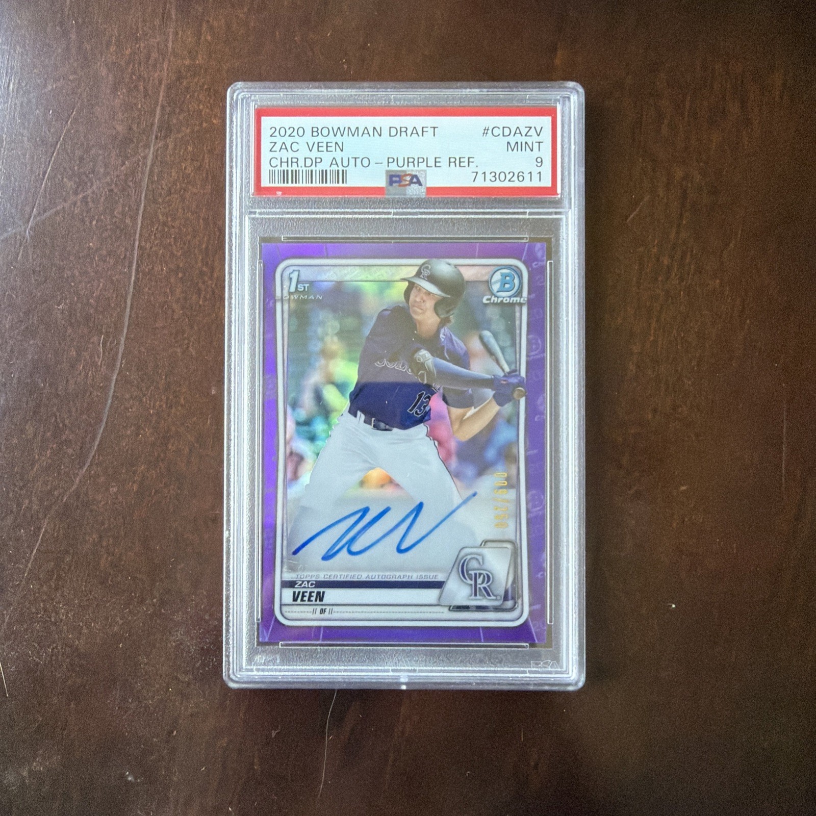 ZAC VEEN 2020 Bowman Chrome Draft /250 PURPLE Refractor Auto PSA 9 Rockies