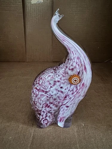 Vintage Murano Glass Elephant Figurine Pink White Trunk Up 6" Tall Italy
