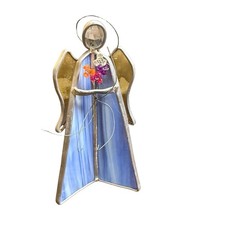 Vintage Stained Glass Angel Figurine Blue Slag Glass Amber Wings 6" Decor Floral