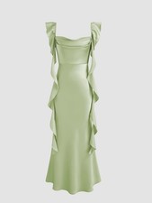Pale Green Satin Ruffle Maxi Dress