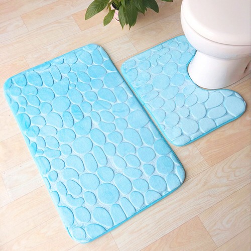 2Pcs Bath Mat Flannel Cobblestone Toilet Bathroom Floor Absorbent Non Slip Rug - Picture 8 of 18