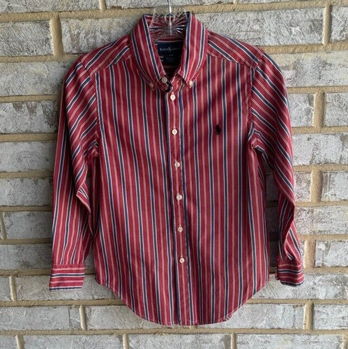 Ralph Lauren Red & Blue striped Button Down Long Sleeve Shirt Boy's Size S(8).