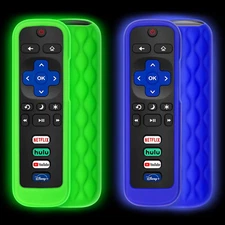 2 Pack Remote Control Cover for Roku, Silicone Case, Glow Green Blue