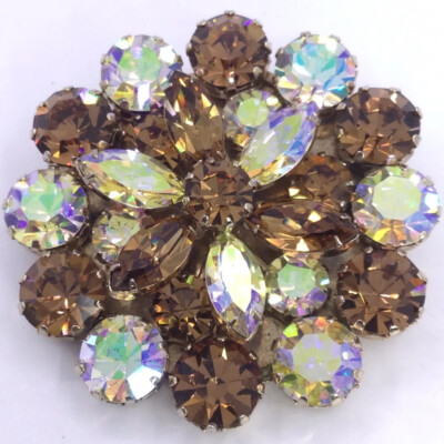 HUGE FANTASTIC WEISS RHINESTONE ROUND PIN AURORA BOREALIS &. CHAMPAGNE (C1099)  