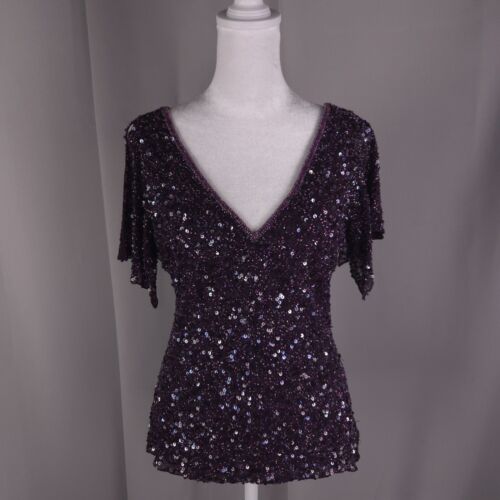Vtg Papell Boutique Beaded Top Womens Purple Silk All Sequin Evening Fairy XS S