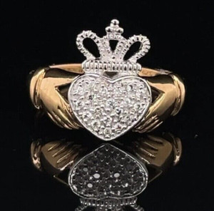 Authentic 14K Yellow Gold Plated 1.00 Ct Round Cut Moissanite Crown Claddagh Wedding Ring