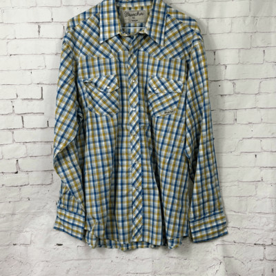 Wrangler Button Up Shirt Mens XL Wrancher Pearl Snap Plaid Check Green Blue