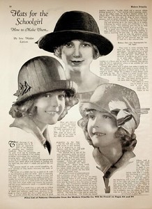 1925 Hats for the Schoolgirl Vintage Article with Patterns Modern Priscilla