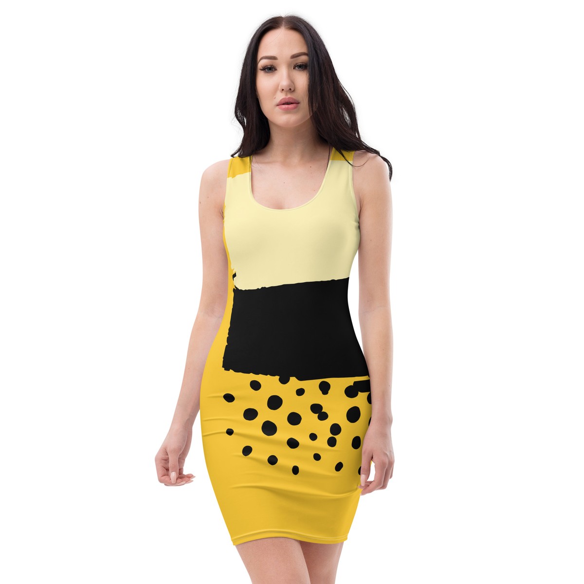 Bold Yellow & Black Geometric Bodycon Dress | All Over Print Dress