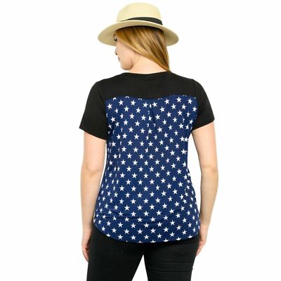 Heimish Womens Short Sleeve V-neck Shoulder Stripe Top, Black Navy White Stars