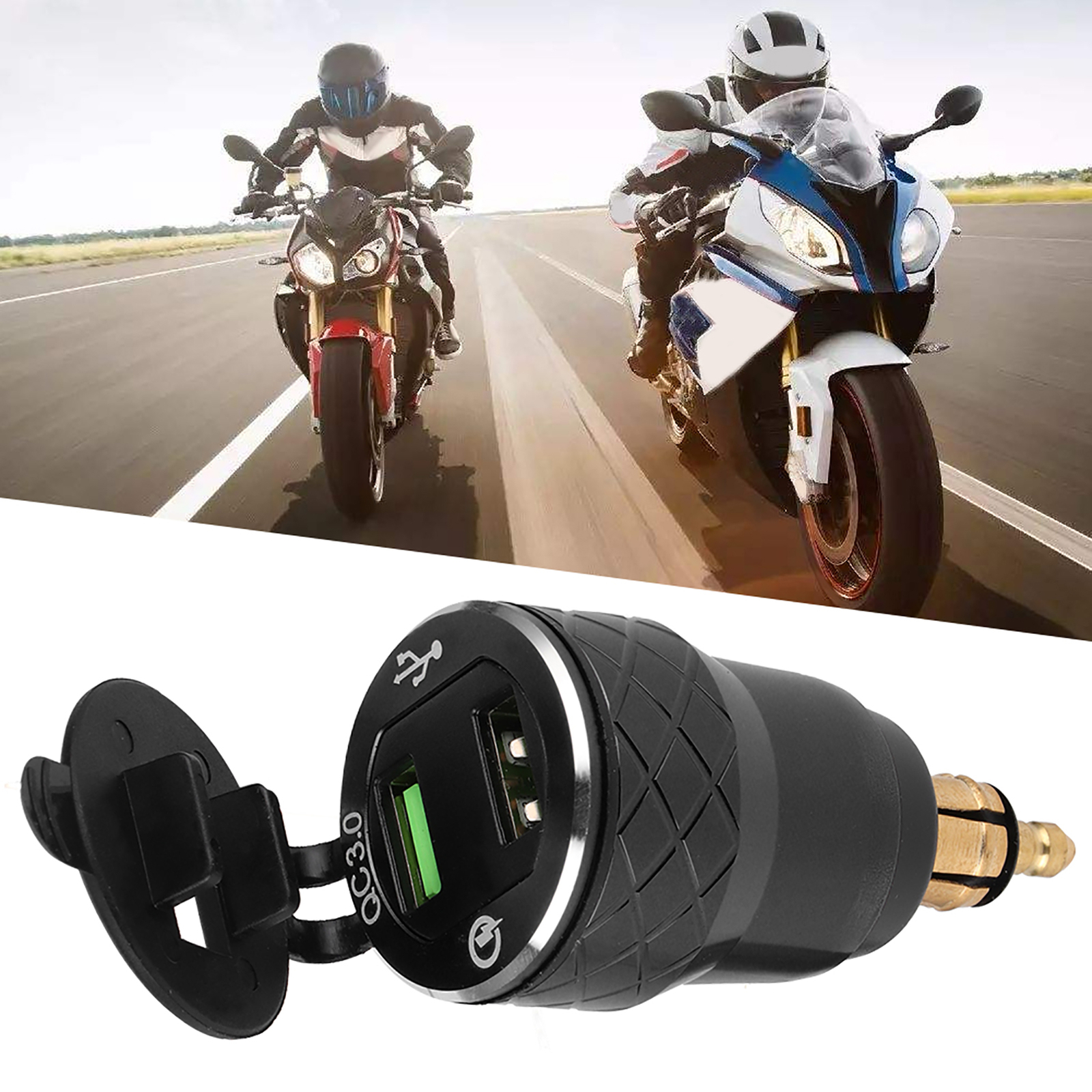 12V24V Motorcycle USB Port Power Socket & LED Display EU Plug(Black