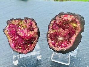Pink Geode Pair W/Stands Crystal Quartz Gemstone Specimen Dyed Morocco Geode