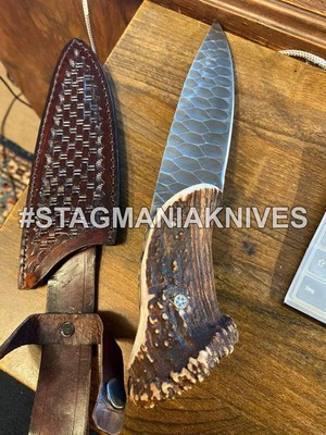Custom Hand Forged J2 Steel Full Tang Hunting Frontier Knife Crown Stag Antler