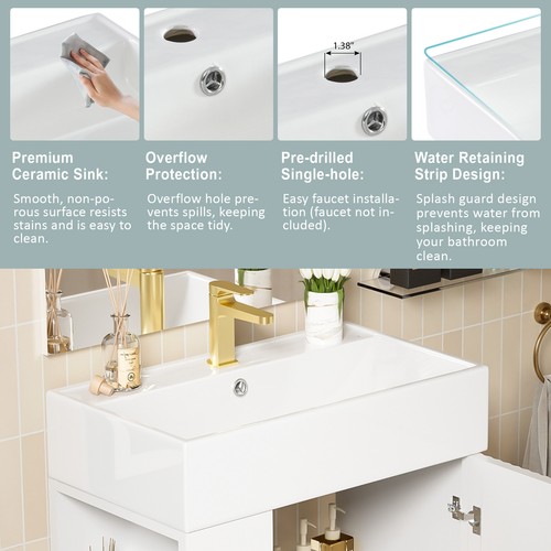 21.6" White Bathroom Vanity Combo Cabinet Single Ceramic Sink Left Side Storage - 第 19/19 張圖片