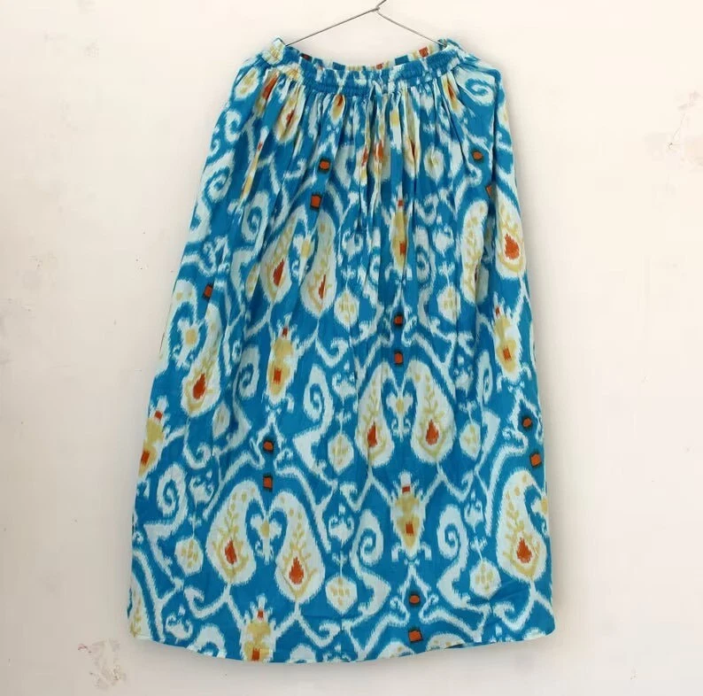 Indian Sky-blue Handmade Cotton Ikat Long Skirt Women's Clothing Partywear Skirt