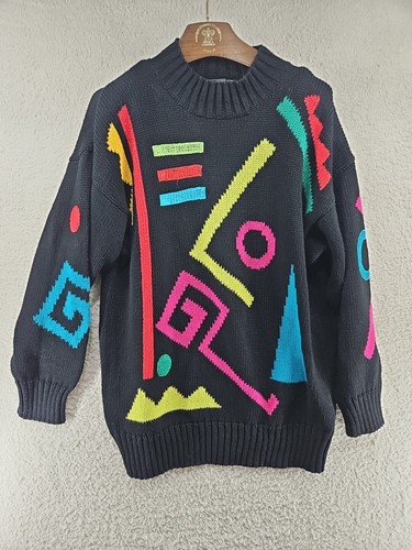 Vintage Totally Rad 80's Woman's Sweater Geometric Print Long Neon Multi Color - Picture 2 of 15