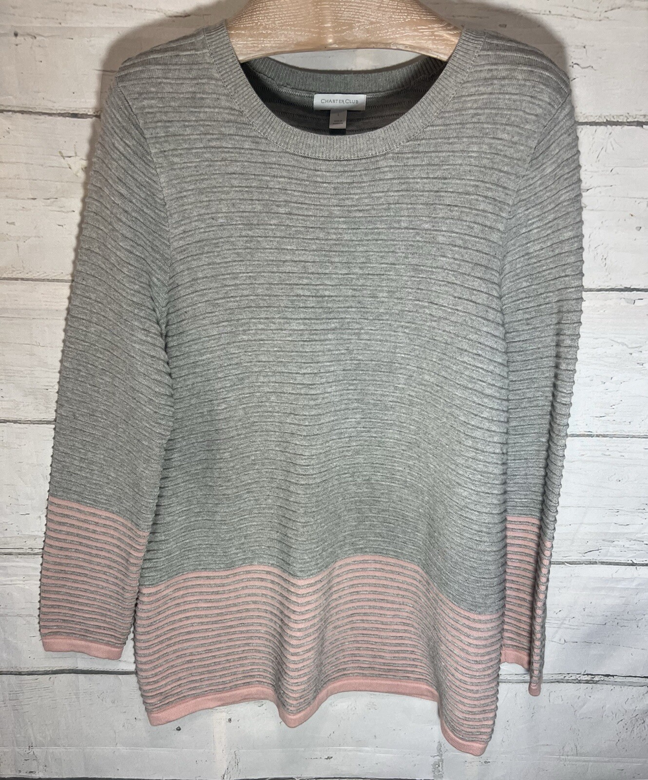CHARTER CLUB Textured Sweater Size L (12-14) Pink Gray Cotton Crew Pullover