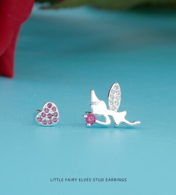 Pave Pink CZ Love Heart Little Fairy Elves Silver SP Stud Earring