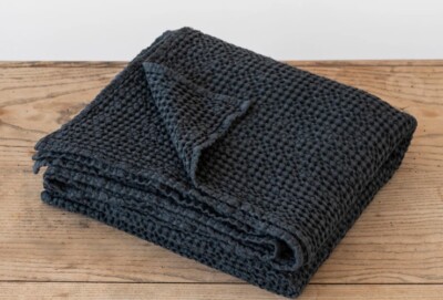 Magic Linen Dark Gray Waffle Throw Blanket 53 x81  Linen Cotton Handmade