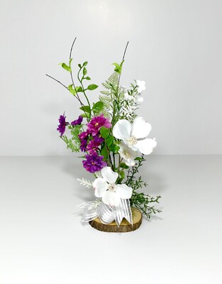RUSTIC WOOD TREE SLICE DISC WHITE FLORAL TABLE ACCENT DECORATION UNIQUE GIFT NEW