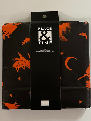HALLOWEEN VINYL PEVA FLANNEL BACK TABLECLOTH OBLONG 52'' X 90'' WITCHES CATS