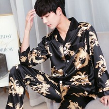 Men Satin Faux Silk Pajamas Sleepwear Nightwear Lounge Wear Tops & Pants Sets