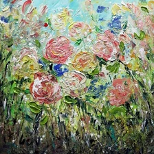 Square Floral Painting GARDEN ROSES Abstract Flowers Oil Impasto on Canvas 