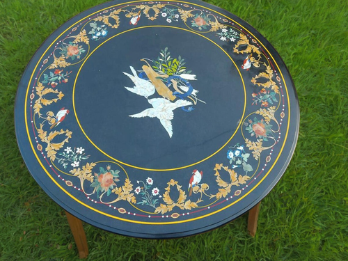 Black Marble Table Top with Semi-Precious Stone Inlay | Pietra Dura Mosaic Art - Picture 2 of 14