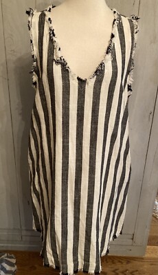 Umgee Dress Womens Large Linen Blend Comfort Raw Hem Shift Striped V-neck
