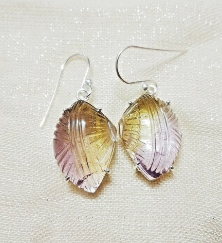 Natural Carved Ametrine Dangle 925 Sterling Silver Earrings / Anniversary Gift - 第 1/3 張圖片