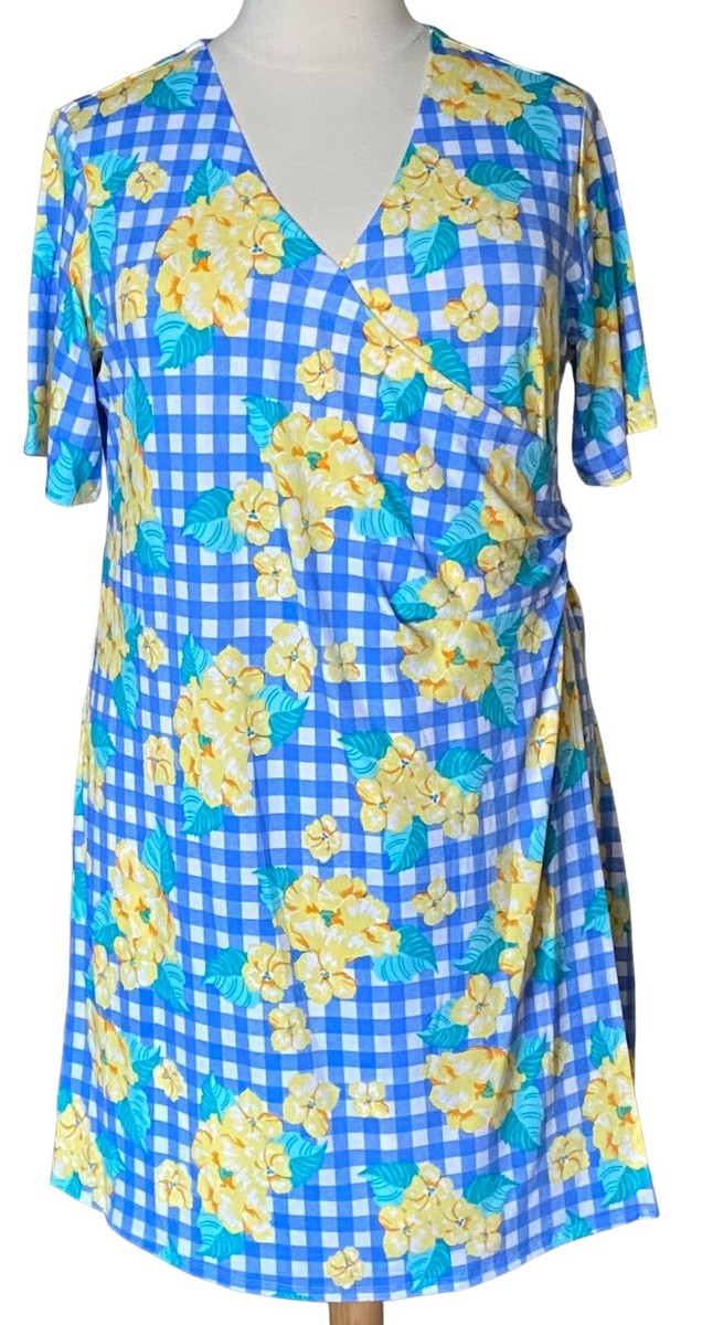 Kim Rogers Womens Floral V-Neck Yellow Plaid Blue Faux Wrap Dress Plus 1X NWT | eBay Kim Rogers Womens Floral V-Neck Yellow Plaid Blue Faux Wrap Dress Plus 1X NWT | eBay