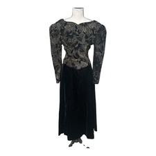 Vintage Scott McClintock Black Velvet Gown Floral Lace Bodice Sz 4/6 80s Glam