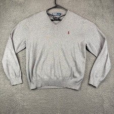 Polo Ralph Lauren Mens Gray V-Neck Pima Cotton Sweater Large Red Pony Logo