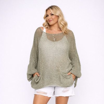 Khaki Häkelpullover mit Taschen und dezentem Goldfaden