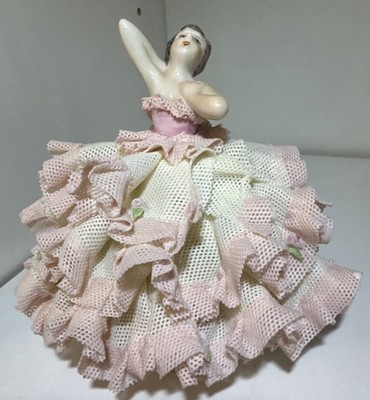 M7  Emile  Ireland Dresden Lace Lady Figurine   Elegant in White & Pink Dress