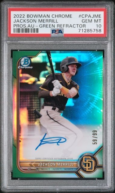 2022 Bowman Chrome Prospect Auto Jackson Merrill GREEN REFRACTOR 59/99 PSA 10 RC