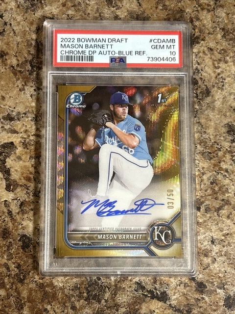 Mason Barnett 2022 Bowman Draft Chrome PSA 10 GOLD WAVE REFRACTOR AUTO RC #03/50