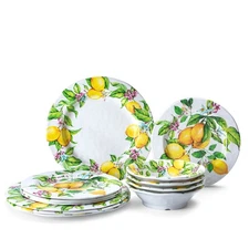 Lemon Melamine Dinnerware Dish Set – 12 Piece Indoor and Outdoor Plates and B...
