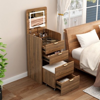 3-in-1 Makeup Vanity Desk with Stool, Flip Top Mirror & Lights, Charging, Walnut