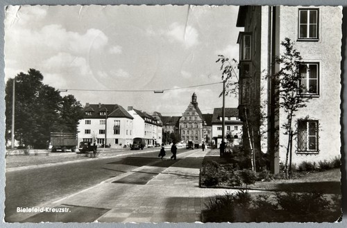 Postcard Bielefeld - "CROSS STREET" WITH CARS AND PEOPLE - Brackwede Detmold - RARE