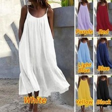 Boho Women's Strappy Solid Max Dress Summer Beach Loose Baggy Sundress UK