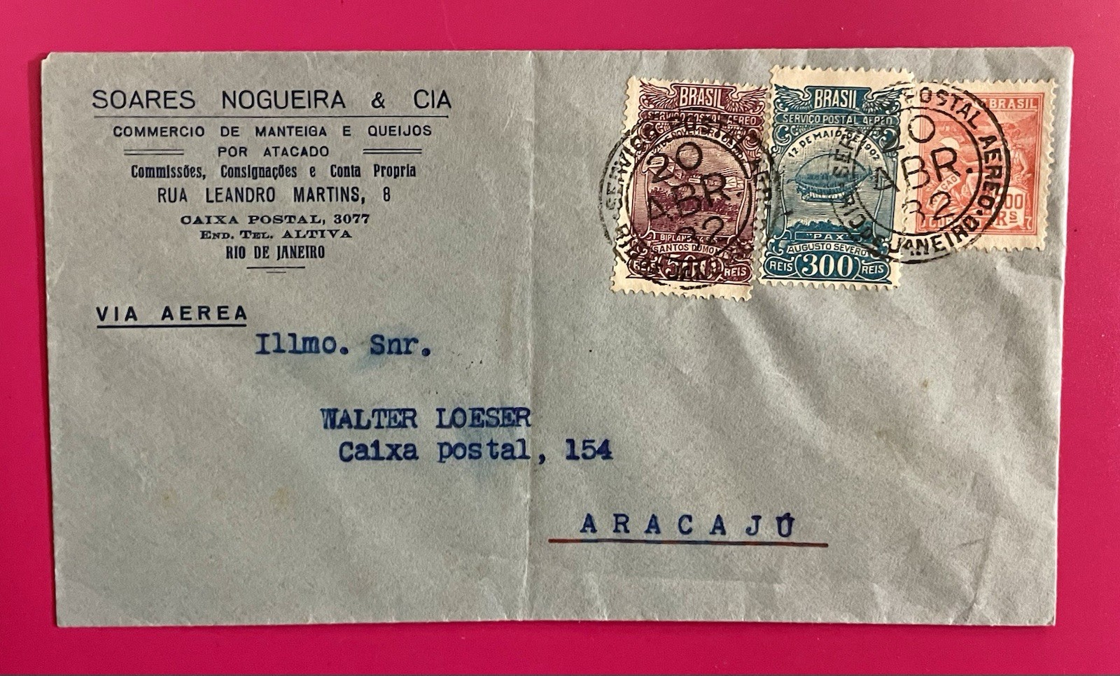 Vintage Brasil 1932 3v On Airmail Cover To Aracaju