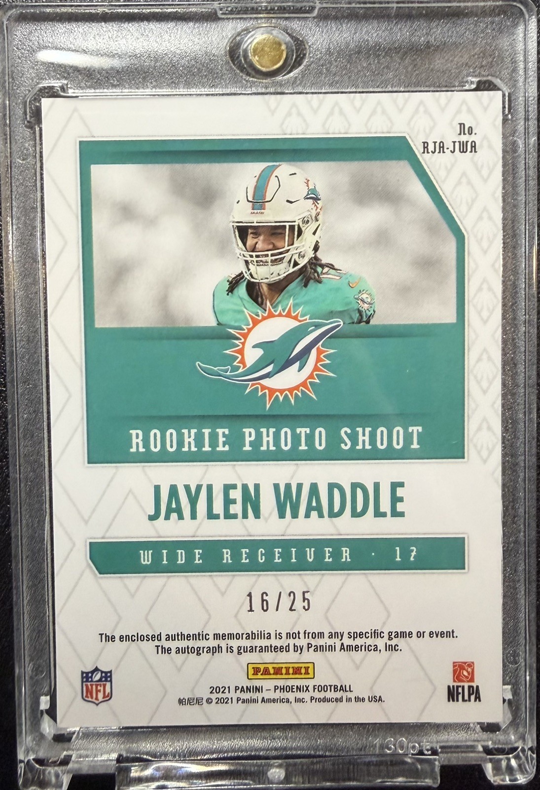 2021 Panini Phoenix - Jaylen Waddle Blue RC RPA Auto Patch /25 #RJA-JWA Dolphins view 4