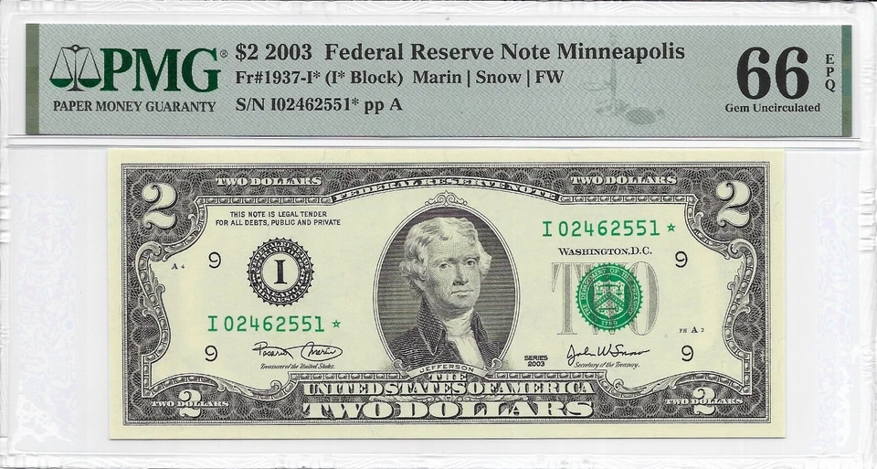 2003 $2 MINNEAPOLIS * STAR * ⭐️ FRNs. 3 PMG Gem Uncirculated 66 EPQ Banknotes. - Image 2 of 4